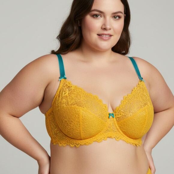 Cacique Lane Bryant Bra 42G Yellow Lace Underwire Teal Straps Full Coverage - Picture 1 of 14